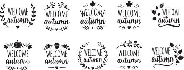 Welcome autumn typography vector collection with fall leaves, pumpkin, acorn and botanical decorative lettering for seasonal greeting cards, invitations and harvest celebration designs © Maddy
