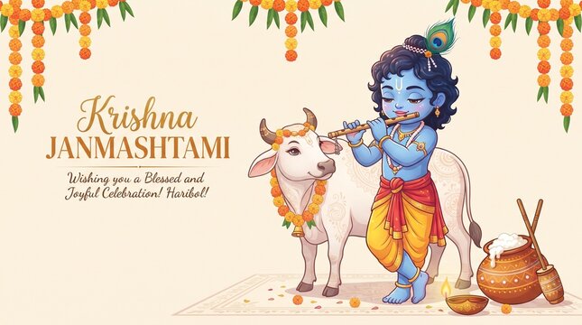 Happy Khrishna Janmashtami and dahi handi Hindu festival of happy shree lord krishna god born with janmashtami text and gradient background. abstract vector illustration
