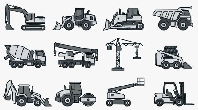 Dynamic Set of Monochromatic Construction Equipment Icons Featuring Excavators Trucks Cranes and More