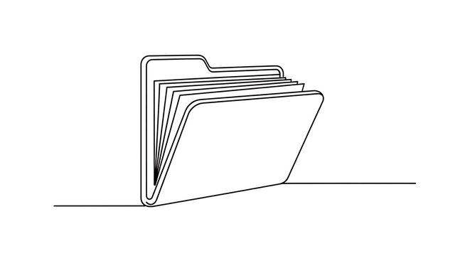 A continuous line drawing of an open file folder with multiple documents inside, on white