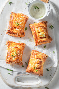 Crispy sausage roll as a snack for breakfast.