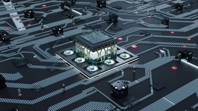 colorful 3d circuit board with glowing global cube and fans cybersecurity hi tech design futuristic background
