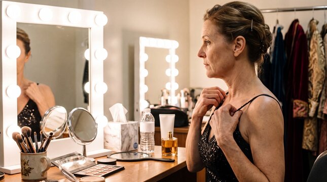 Mature actress adjusts costume strap backstage dressing room mirror