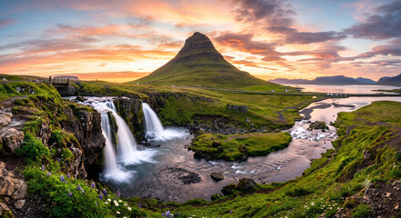 Iconic Kirkjufell mountain rising above cascading waterfalls during a vibrant Icelandic sunset with dramatic clouds creating one of the world's most spectacular Nordic landscapes