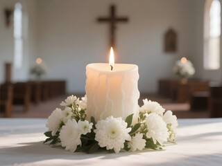 Obraz premium Minimalist Funeral Candle Close-Up with Soft Floral Background, Western Memorial Scene