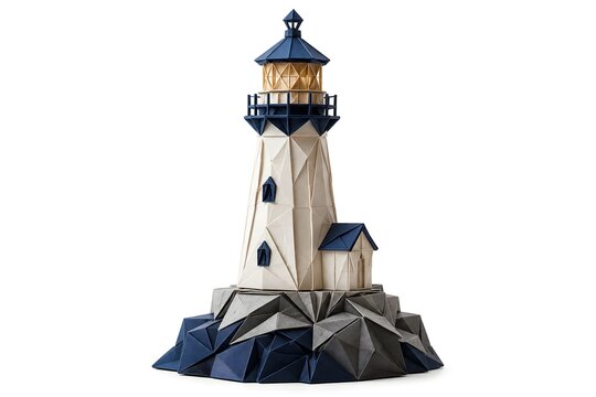 Premium 3D Origami Lighthouse with Architectural Paper Design Isolated on White Background