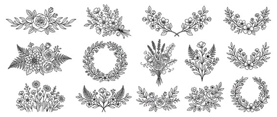 Obraz premium Hand-Drawn Floral Elements and Wreaths Collection