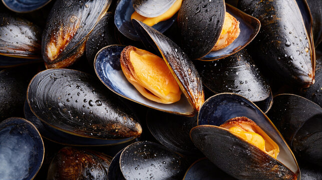 Fresh wet mussel shellfish with orange meat closeup, seafood delicacy with water drops