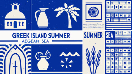 Aegean summer pattern featuring architectural elements foliage and decorative motifs in blue and white architecture archway building © Sarathi