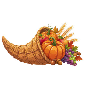 Woven cornucopia filled with pumpkins, apples, grapes, and wheat