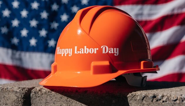 Orange hard hat for Labor Day. Construction safety helmet against American flag background.
