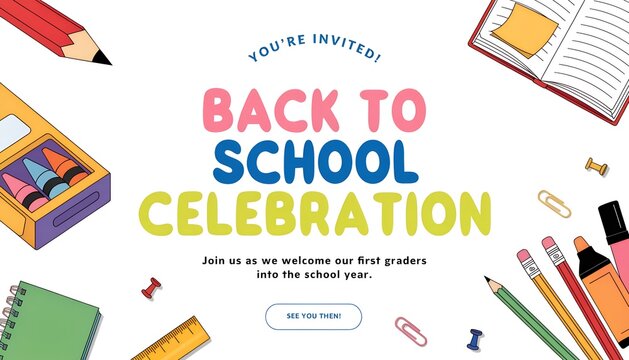Back to school invitation card design. Colorful stationery border for educational events.