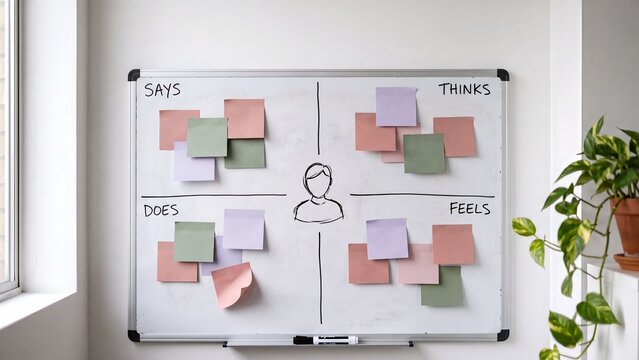 Empathy map drawn on a whiteboard with colourful sticky notes in a bright office, user research and design thinking workshop