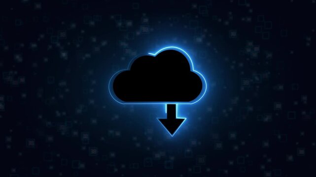 Neon blue cloud download icons pull database files down via glowing arrows. Cloud computing storage networks illustrate secure archiving processes via this cloud template. Cloud nodes glow bright.