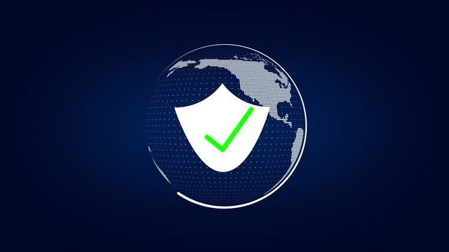 White shield vectors protect a digital world globe mesh from cyber risks. International banking terminal protection software stands out on this shield graphic asset. Shield boundaries glow.