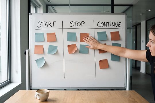 Woman placing sticky notes on a whiteboard with a start stop continue retrospective in a modern office