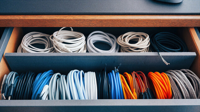 Organized electronic cables drawer with various colors and types neatly coiled for easy access