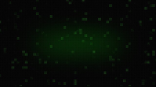 Dark green digital grid patterns scatter bright green pixel blocks smoothly. Encrypted military communication terminals gain deep visual complexity from this grid layout. Grid elements pulse.