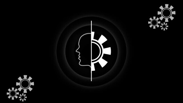 Human head profile split visuals interact with complex layered mechanical gears smoothly. Deep data analysis software platforms use this head layout to explain logic. Head panels open dynamically.