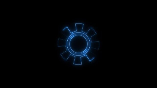 Mechanical gear symbols glow intensely with brilliant blue neon lighting vectors. Industrial hardware manufacturing projects look sleek against this gear canvas layer. Gear cogs spin inside loops.