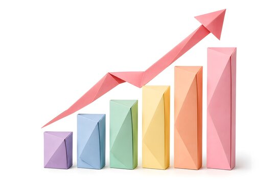 Origami Rising Bar Chart with Ascending Paper Arrow Isolated on White Background
