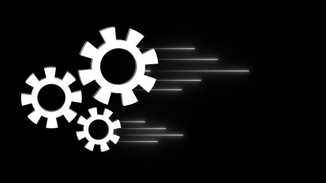 Three white gears revolve rapidly under realistic movement blur vector streams. Automated machinery design systems display complex gears synchronization parameters. Gears spin together smoothly.