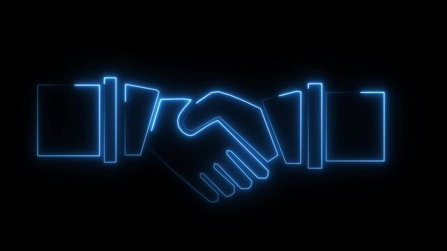 Handshake symbol outlines illuminate a dark screen canvas with blue neon lines. Professional corporate negotiation training videos show this handshake interface graphic. Handshake vectors glow.
