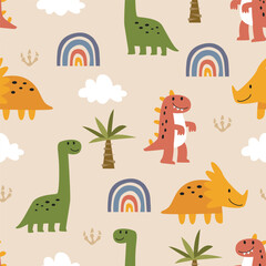 Art & IllustrationCute dinosaur seamless pattern with triceratops, T rex and brontosaurus. Perfect for kids fabric, nursery wallpaper, baby products and surface design. © NEMR Studio
