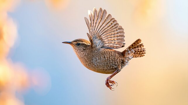 Flying Brown wren bird With Spread Wings