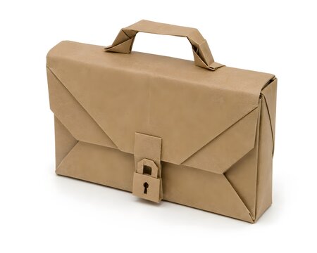 Delicate 3D Origami Paper Briefcase with Folded Padlock Isolated on White Background