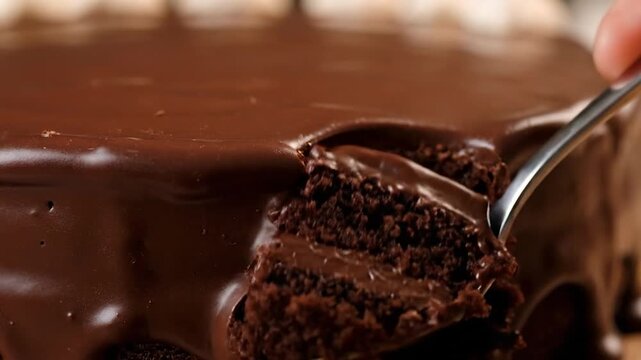 Delicious Chocolate Cake Slice Being Served with a Spoon, Close-Up View.