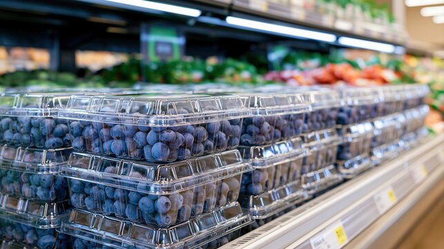 Rows of blueberry berries inside clear plastic clamshell containers on grocery store shelf