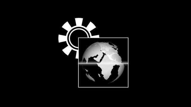 Globe and gear icon layouts present technical international mechanics in monochrome. Industrial manufacturing trade documents benefit from this globe chart framework. Globe structures rotate calm.