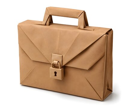 Delicate 3D Origami Paper Briefcase with Folded Padlock Isolated on White Background