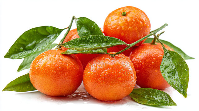 Pile of juicy mandarins with fresh green leaves, natural composition, white background, high detail.