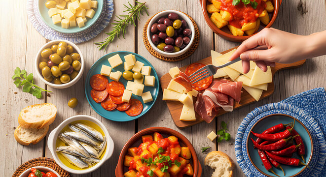 High angle shot of hand picking jamon from tapas selection with patatas bravas, anchovies, and olives