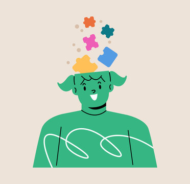 Open mind concept and colorful puzzle pieces representing thinking and creativity of girl. Colorful vector illustration