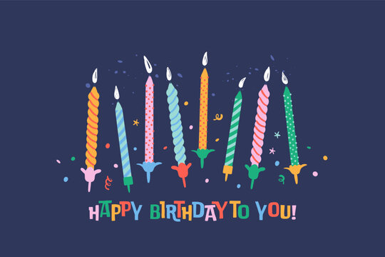 Lovely hand drawn fun and colorful birthday candles, confetti and text, universal artistic templates