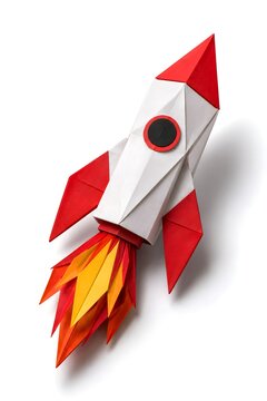 Origami Rocket Ship with Paper Flame Trail Isolated on White Background