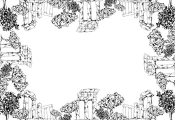 Fototapeta premium Classical ruins and olive trees border frame. Hand drawn pencil illustration with Mediterranean atmosphere. Travel invitations, museum event announcements, heritage certificates, cultural stationery.