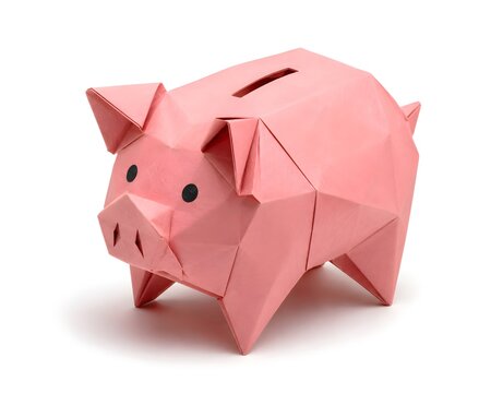 Folded Origami Piggy Bank with Coin Slot Isolated on White Background