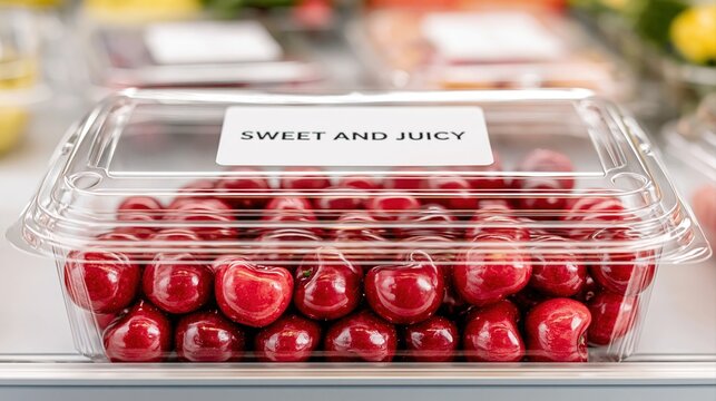 Fresh red cherries in a clear plastic clamshell container with sweet and juicy label on supermarket shelf