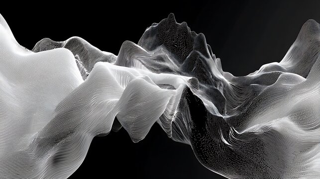 Abstract digital flow representing dynamic data waveforms with intricate white particle lines against dark background with flowing abstract composition
