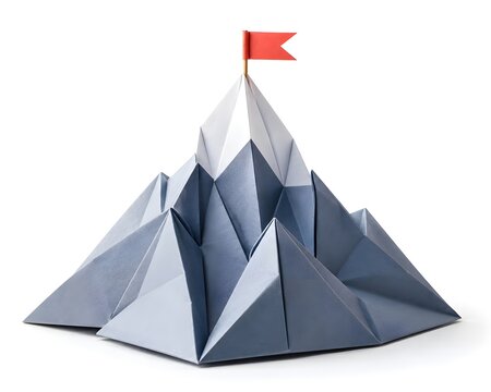 Folded Origami Mountain Peak with Paper Flag Isolated on White Background
