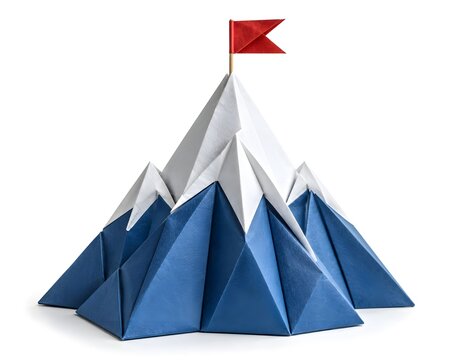 Folded Origami Mountain Peak with Paper Flag Isolated on White Background