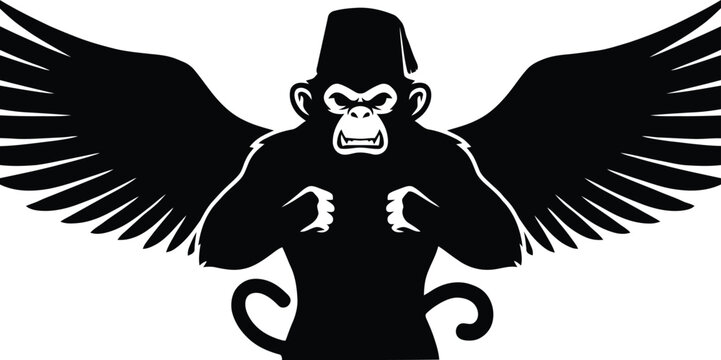 Black silhouette of a winged monkey wearing a fez wings