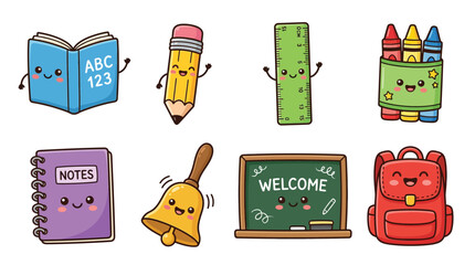 Cute Kawaii School Supplies Characters with Happy Faces, Back to School Concept.