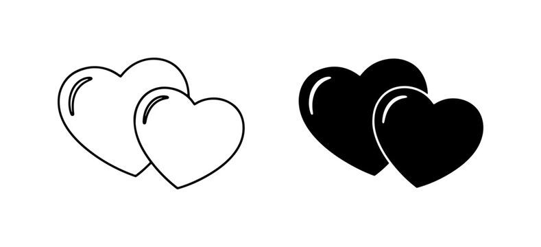 Two Hearts Vector Icons, Outline and Solid Fill, Love Symbol Graphics