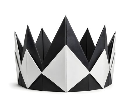Origami Crown Sculpted from Black and White Paper Folds Isolated on White Background
