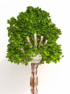 Robot hand holding tree, 3d rendering